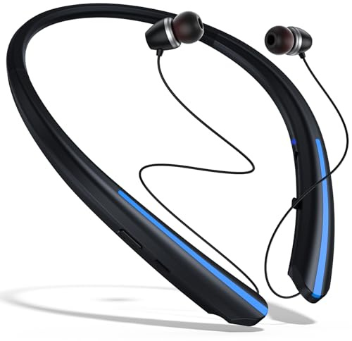 Bluetooth Headphones Retractable Neckband, Wireless Earbuds Bluetooth Headset with Microphone Vibration Call, Stereo Noise Cancelling Earphones (Black Blue)