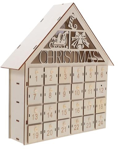 JECOMPRIS Calendario Dell’Avvento in Legno 2025 con Luci LED Calde Casetta con Cassetti Riempibili per Conto alla Rovescia Natalizio Decorazione da Tavolo e Stufa per Atmosfera Festiva