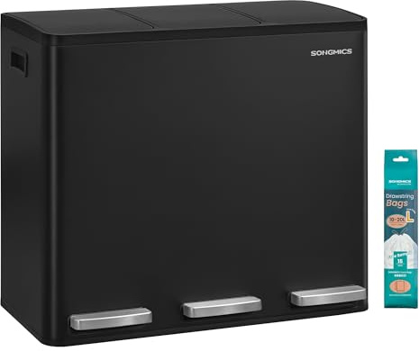 SONGMICS Mülleimer Küche, 3 x 18 L, 3 Fächer, Stahl, Softclose-Deckel | Mülltrennsystem Tretmülleimer, mit 15 Müllbeuteln, Inneneimer herausnehmbar, Griffe, schwarz, PARY Kollektion LTB254BZ02