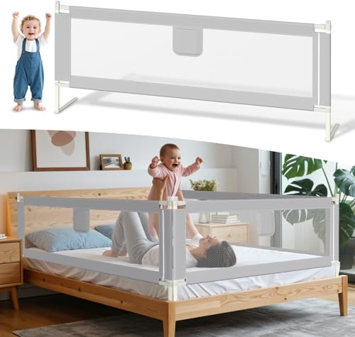 Ikodm Sänggaller, fallskydd, säng 200 cm, sängskydd höjdjusterbart 64–96 cm, för spädbarn och barn, med dubbelknappsbrytare, enkel installation, grå, 2 stycken