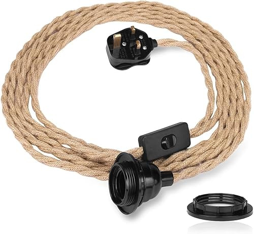 Teynewer 2.5m Rustic Hemp Rope Pendant Light Fitting- E27 Lamp Holder Ceiling Hanging with On/Off Switch & UK Plug, Adjustable Suspension Cord Kit