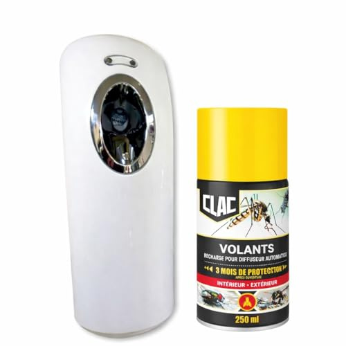 MOUCH'CLAC Diffuseur Insecticide Programmable Anti Moustiques, Mouches & Moucherons – Diffusion Automatique – Recharge 250 ml Parfum Fleur de Pyrèthre – Jusqu’à 20 m² – Protection Continue 2 Mois