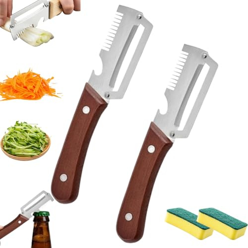 Pelapatate Multifunzione,Coltello Pelapatate Multifunzione,Pelino e Pelapatate Seghettato 2-In-1 Premium — Acciaio Inossidabile Con Manico In Legno — Ideale Per Frutta, Verdura (2*A)