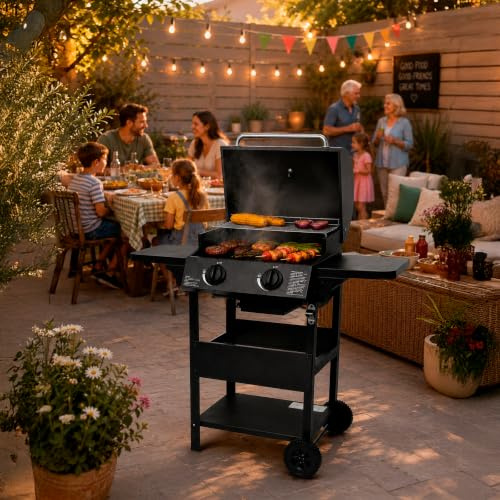 Neo 2 Burner Gas BBQ Grill with Regulator Included Side Shelves Warming Rack Bottle Opener Stainless Steel Outdoor Automatic Ignition