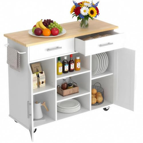 BAKAJI Isola da Cucina con Ruote e Top Quercia, Mobile con Scomparti, Cassetti e Ripiani, Ideale per Stoccaggio e Organizzazione Casa, Carrello Indipendente Salvaspazio 90 x 46 x 100 cm