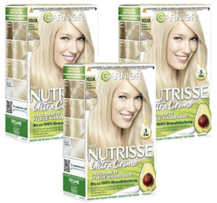 Garnier Nutrisse Pflegende Intensivtönung mit nährenden Fruchtölen, Coloration mit 8 Wochen Halt, Farbsensation Haarfarbe, 10.1A Extra Kühles Blond