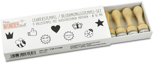 Frau WUNDERVoll® 9 LEHRERSTEMPEL aus Holz, Durchmesser: 1,5 cm/Ministempel Motivstempel Textstempel Gummi Holz Gummistempel Stempel Gastgeschenk Stempel Hochzeit Dekostempel