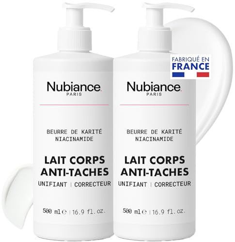 NUBIANCE - Lait Corps Éclaircissant et Réparateur, Anti-Taches et Hydratation Intense - Combat l’Hyperpigmentation, Peaux Mixtes à Sèches, Pour un Teint Uniforme et Lumineux, 2x500ml
