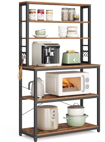 VASAGLE Coffee Bar, 31.5 Inches Baker's Rack for Kitchen with Storage, 6-Tier Kitchen Shelves with 6 Hooks, Microwave Stand, Industrial, Rustic Brown and Ink Black UKKS019B01
