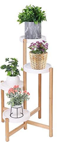 unho Porte Plante en Bambou, Etagère Plantes à 4 Niveaux Escalier Plantes sur Pieds Intérieur Extérieur pour Salon Balcon Jardin Bureau, Blanc Charge Maximale 10kg*4