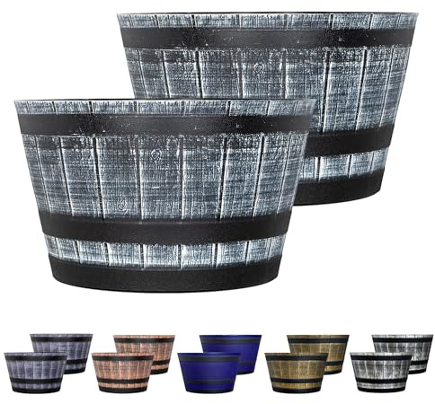 SG Traders Large Half Barrel Cask Planter, Flower Plastic Pots Outdoor Garden Planters, Indoor Plant Pot with Drainage Holes, Stonegrey,Tan,Greywood with Black Straps, Set of 2, 40 x 24cm
