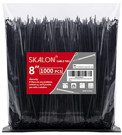 Zip Ties 8 inch (1000 Pack), 40lbs Tensile Strength, Black Cable Ties, Wire Ties for indoor and outdoor use, by Skalon