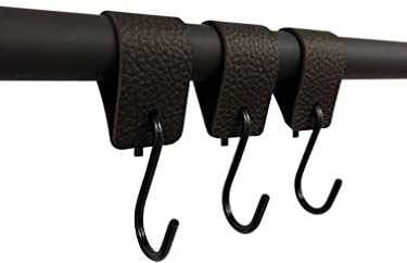 RSR Hangers Kleiderhaken mit Lederschlaufe - Schwarz - 9 Stück - S Haken – 12,5 cm x 3 cm - Garderobe -Kleiderstange - Leder – Lederband - Garderobenhaken – Fleischerhaken - Multifunktionshaken