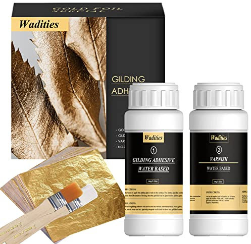 Wadities Blattgold Kleber Set, inkl. 100 ml Kleber und 100 ml Schutzlack auf Wasserbasis, Blattgold 100 Stück, 2 Pinsel, zum Basteln, Malen und professionellen Bastelgebrauch