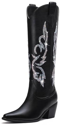 Platikly Black Cowboy Boots for Women - Rhinestone Wide Calf Cowgirl Boots, Knee High Western Footwear, Glitter Sparkly Tall Design with Embroidery, Classic Country Style Pull On Zipper US 8.5