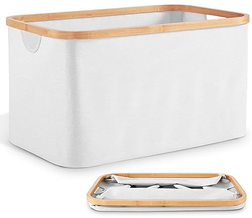 DOKRVLOQ Collapsible Laundry Washing Baskets White Bamboo Cloth Fabric 50l Large Foldable Wash Clothes Storage Ironing Basket Folding Space Saving Laundry Hamper