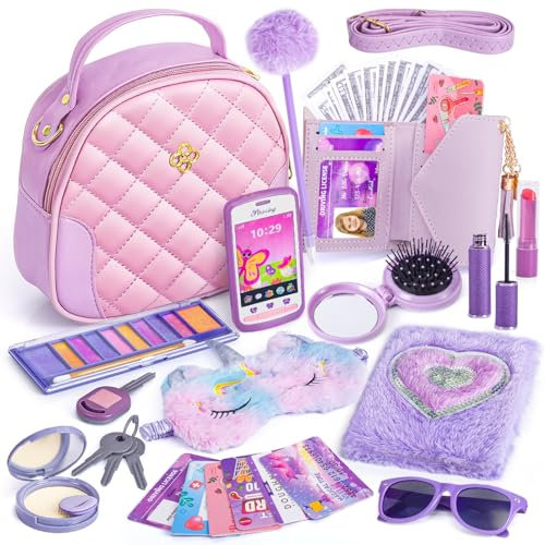 Bolso de niña con Accesorios, Mi Primer Juego de Bolso, Maquillaje, Diario Secreto Niña, Unicornio Máscara de Ojos, Billetera, Teléfono de Juguete, Llaves, Regalo para Cumpleaños 3 4 5 6 7 8 9 10 Años
