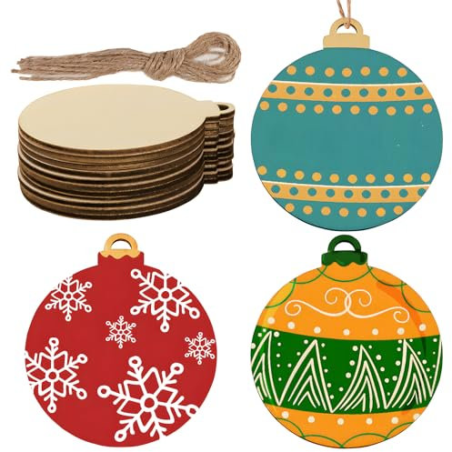 24pcs Bolas Navidad Madera con Cuerdas DIY Adornos Colgantes para Árbol Navidad Rodajas Redondas de Decoración