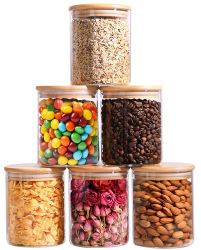 ComSaf 750ml Glass Food Storage Jars Set of 6, Clear Glass Storage Containers with Bamboo Lids, Pantry Organization Jar, Spice, Tea, Coffee and Sugar Container, Small Canister Set for Kitchen