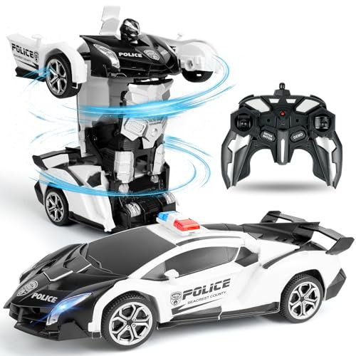 HOTUT Polizia Macchina Telecomandata Transform Giocattoli, Auto Robot Trasformabile con Batteria Ricaricabile 360° Rotazione, Macchina Radiocomandata 2.4GHz RC Cars Auto Telecomando Regalo per Bambini