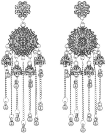 Bollywood - Orecchini indiani tradizionali etnici con perle Jhumka Jhumki per donne e ragazze, con perle boemiane lunghe nappe, pendenti, campane tribali, gioielli regalo, 11*3,5 cm, Metallo