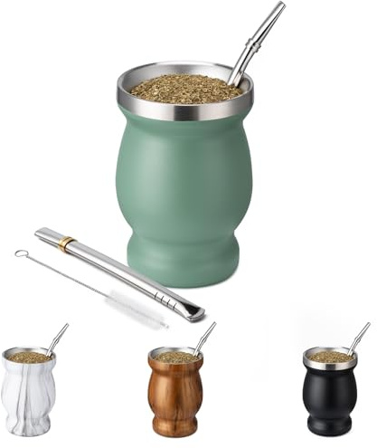 Husfunov Tasse Yerba Mate de 237 ml, tasse à café à double paroi en acier inoxydable 304, isolation thermique, tasse à thé avec brosse de nettoyage et 2 bombillas (vert)