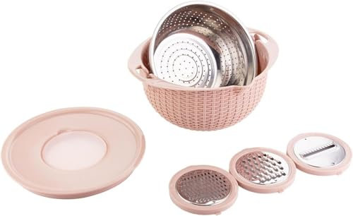 Passoire de Cuisine 4-1 avec Bol, Couvercle et Râpe - Ustensiles pour Laver, Couper et Pétrir - Lavage Végétarien, Saladiers (Rose)