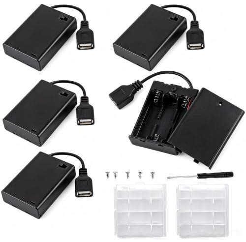 VISSQH 5 Pièces AA Support de Batterie,3 x 1.5V Support de Batterie,4.5V Battery Holder Box Case,AA Boîte à Piles en Plastique avec Prise Femelle USB et Couvercle et Interrupteur on/Off(Noir)