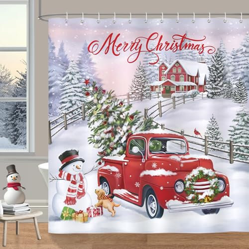 Bonhause Rideau de Douche Noël Camion Rouge Arbre Bonhomme de Noël Rideau de Bain Tissu Polyester Anti Moisissure Imperméable Lavable Rideaux Salle de Bain 180 x 180 cm avec 12 Crochets pour Baignoire