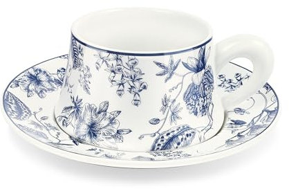 fanquare Set di tazze da caffè e piattini da 260 ml, set di tazze da caffè blu a fiori, tazze da tè in porcellana retrò, tazze da cappuccino in porcellana per latte café moka o tè, regali per baristi