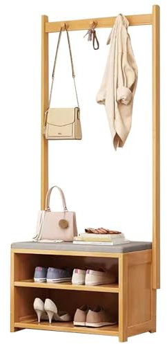 Bambus Flur Garderobe mit Schuhaufbewahrung Bank und Kleiderstange 4 in 1 Design Flur Baum mit abnehmbaren Haken für Eingang