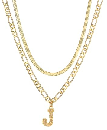 FOCALOOK Choker Fino Mujer Oro 18K con Colgante Corazón 26 Letras Cadena Plana Serpiente Apilable 2 Capas Acero Inoxidable 316L Inicial Alfabeto J Joyería Simple de Moda Madre Pareja Novia
