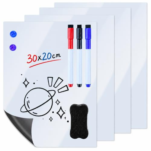 VGECEE 4 Stück Magnetisches Whiteboard A4 Magnettafel Magnetfolie Kühlschrank Selbstklebend Whiteboard Folie Magnetisch Magnetic Whiteboards Sticker mit Markers Schwamm Magnetes für Startseite Schule | Selbstklebend Whiteboard Folie Magnetisch Magnetic Whiteboards Sticker mit Markers Schwamm Magnetes für Startseite Schule