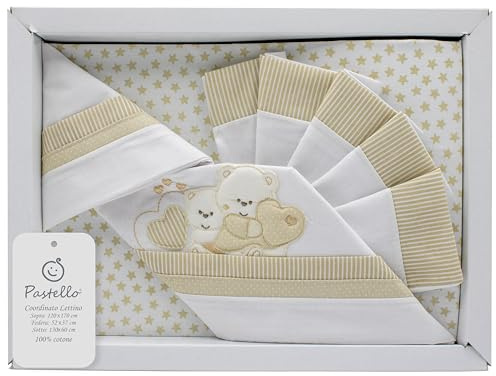 PASTELLO - 3-teiliges Kinderbett, 100% Baumwolle für Neugeborene, Bettwäsche mit Stickerei (Art. LL9E, Ecru)