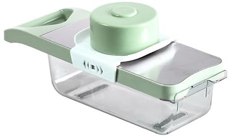 Mandoline Vegetable Slicer with Container, Veggie Julienne Cutter & Cheese Grater, Multifunctional Kitchen Carrot Cutter, Veg Slicer for Potato, Onion, Cucumber, with Finger Protection (6-in-1 Green)