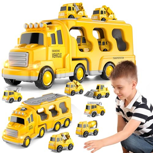 BLmucke 7-in-1 Construction Truck Toys for Boys, Toddler Engine Car Trucks Set for Kids Ages 3 4 5, Friction Powered Vehicle Set with Lights and Sound, Birthday Gift for Girls 3-6 Years Old