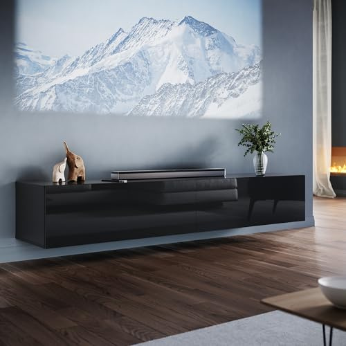 ELEGANT Floating TV Stand Cabinet Unit with Pull-Down Door, High Gloss Black TV Cabinet with Large Storage Shelves, Modern Wall Mounted TV Cabinets for Living Room, Bedroom 1800x400x300mm