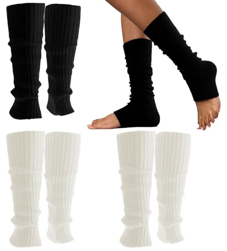 3 paia di scaldamuscoli, calzini a costine anni '80 da donna, eleganti calzini Y2k per sport, feste, yoga, balletto, accessori per donne e ragazze, nero + bianco, 40cm/15.7inch