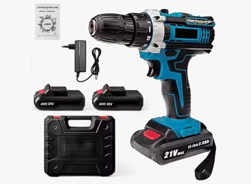 Taladro Atornillador Inalámbrico 21V 2 Velocidades, Taladro Batería, 1350rpm, Par 28Nm, 2 Baterías Li-ion, LED, Portabrocas 10mm, con Maletín y Cargador