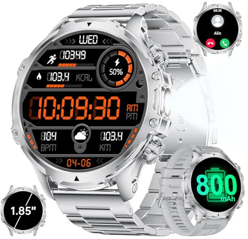 SUNKTA Orologio da uomo militare, batteria da 800 mAh, 1,85 pollici, con display HD con torcia/100+ modalità sportive, IP68, impermeabile, orologio fitness con spO2/frequenza cardiaca, monitor del