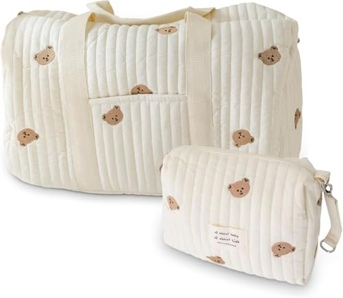 Borsa Parto Ospedale Mamma Grande, Borsa Passeggino Set da 2 Pezzi, Neonato Cambio, Mommy Bag, Spalla in Cotone con Ricamo, Stampa Carina Portatile Universale