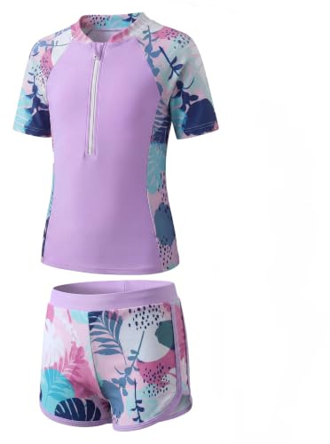 Baogaier Girls Swimsuit Short Sleeve Quick Dry Swimming Costume, 5-14 Years | Printed Two Piece Swimsuits with Padded Bra, Zip Swim Shirts + Shorts, Swimwear for Beach Pool, Bathing Suits, Sun Protection
