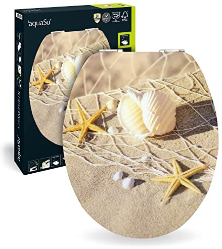 'aquaSu® WC-Sitz mit Absenkautomatik, Maritim Dekor Strandperlen, High Gloss Toilettensitz mit Holz-Kern & Schnellbefestigung, Standard O Form, Metallscharniere, Toilettendeckel glänzend, 40213 2