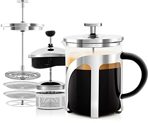 Ovente 2-in-1 Glass Coffee Press and Tea Maker with High Grade Stainless Steel Retractable Infuser 20 Ounce with Free Measuring Scoop, Heat Tempered Borosilicate Glass with Silicone Handle, FGC20T