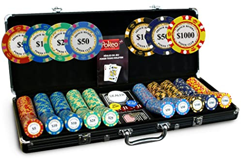French Riviera® Gold Maletín Poker Profesional 500 Fichas Clay Composite 14g – Set Poker con 2 Barajas, 5 Dados y Botón Crupier | Maletín Aluminio Texas Hold'em Blackjack