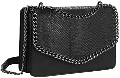 CRAZYCHIC - Borsa Tracolla Spalla Catena Donna - Borsetta PU Pelle Serpente - Patta Trapuntata Stampa Pitone - Pochette Clutch Messenger Crossbody Envelope Bag - Moda Tendenza - Nero
