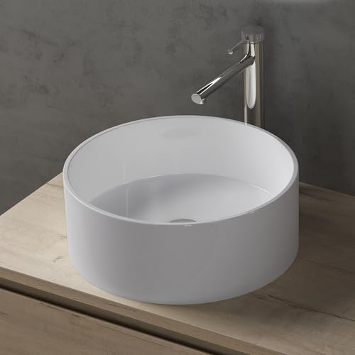 doporro Waschbecken Waschschale aus Mineralguss rund Weiß glänzend Ø 40 cm | Aufsatzwaschbecken Handwaschbecken für Badezimmer und Gäste-WC, Gussmarmor aus einem Stück, DIN-Anschlüsse Colossum804
