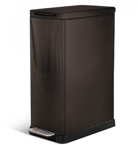 Home Zone Living 12 Gallon Slim Kitchen Trash Can with Soft Close Lid, Step Pedal, Bag Tuck Band, and Removable Liner, Stainless Steel, Black