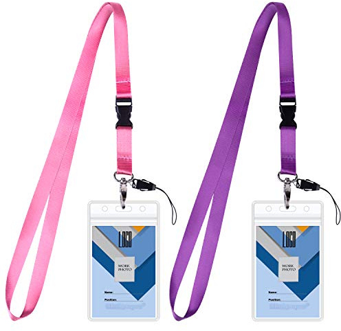 Wisdompro Ausweishülle mit Band 2 Stück, Doppelseitiger Transparenter Ausweishalter mit 58cm Schlüsselband, Kartenhalter Ausweis für Krankenschwester, Mitarbeiter, Schüler (Rosa/Lila)