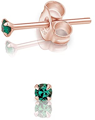 Pendientes de Botón Plata Ley 925 Chapados Oro Rosa 18K on Cristales Brillantes Esmeralda 2 mm - Pendientes Dorados para Mujer - Punto de Luz Hipoalergénicos